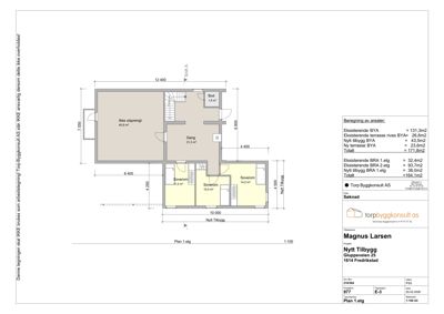 Etasjeplan for 1. etasje som viser romfordeling, mål og arealberegninger for en byggesak.