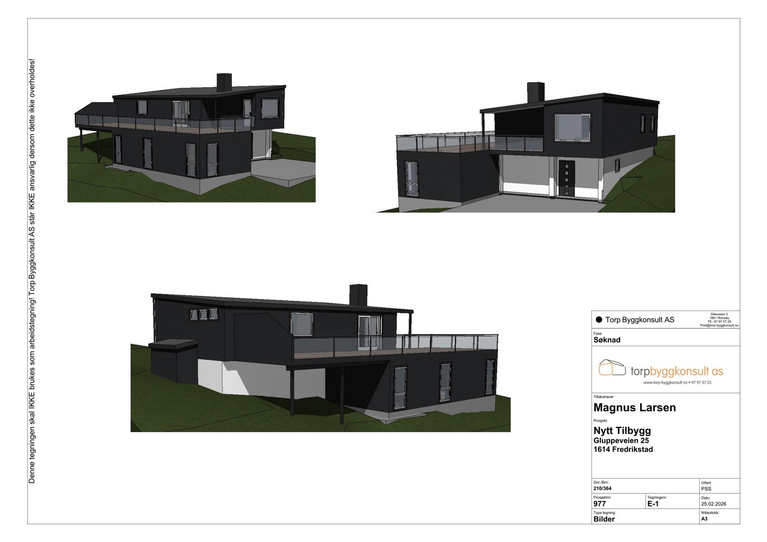 Tre 3D-visualiseringer av en planlagt bolig (fra ulike vinkler) med tegningsinformasjon i bunnen.