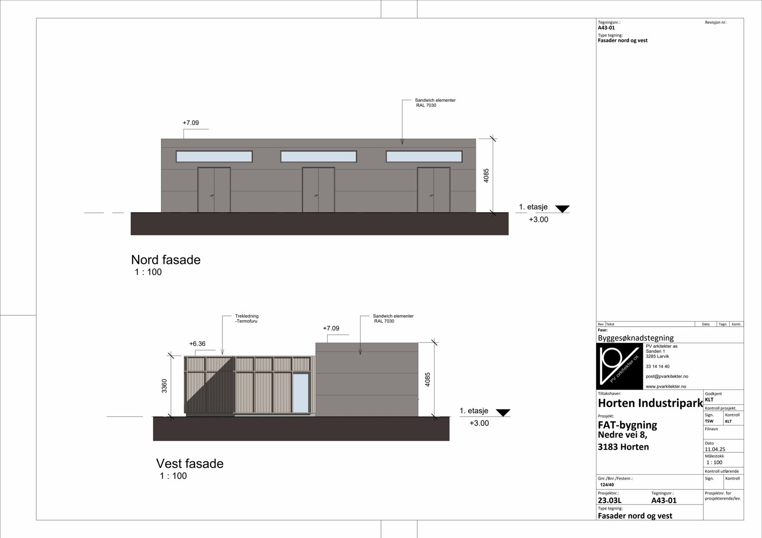 Fasadetegning som viser oppriss av bygningens nord- og vestside med mål og materialbeskrivelser.