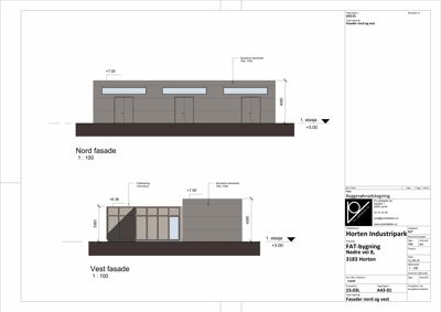 Fasadetegning som viser oppriss av bygningens nord- og vestside med mål og materialbeskrivelser.