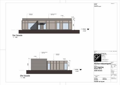 Byggessøknadstegning som viser fasadetegninger for sørfasade og østfasade av en bygning.