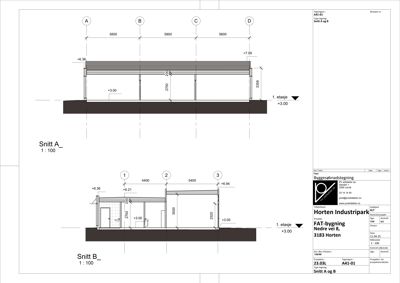 Tegning som viser tverrsnitt gjennom bygningen (Snitt A og B) med høydemål og konstruksjonsdetaljer.