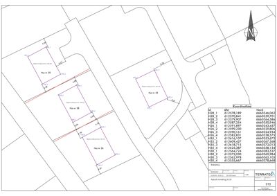 Situasjonsplan som viser tomtedeling, eiendomsnummer (Hus nr 30, 35, 26), grenser, og koordinatliste for eiendommer.