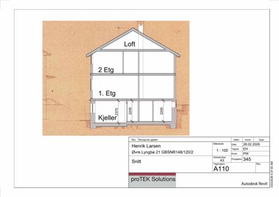Snittegning som viser bygningens høydeprofil og romfordeling fra kjeller til loft.