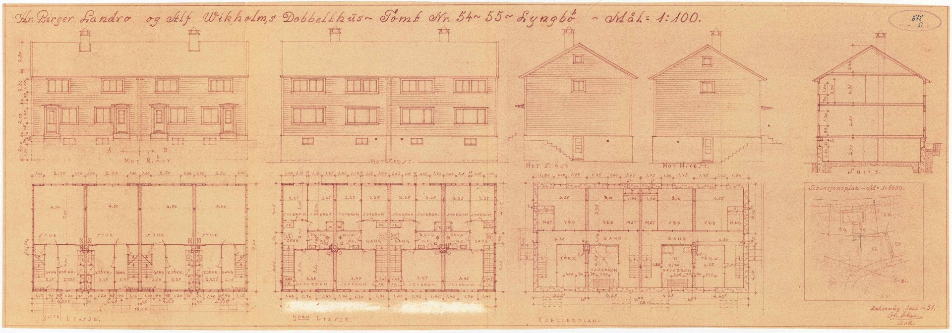 En tegning som viser fasader (opp- og tverrsnitt) og etasjeplaner for en bygning.
