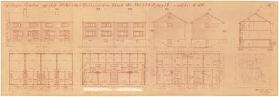 En tegning som viser fasader (opp- og tverrsnitt) og etasjeplaner for en bygning.
