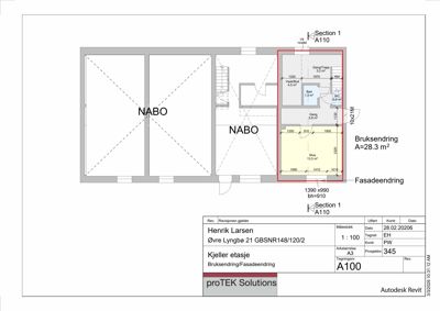 Etasjeplan (Kjeller etasje) som viser romfordeling, mål og endringer i bruksareal og fasade.