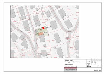 Situasjonsplan som viser eiendomsnummer, naboeiendommer, veier og bygninger i området.