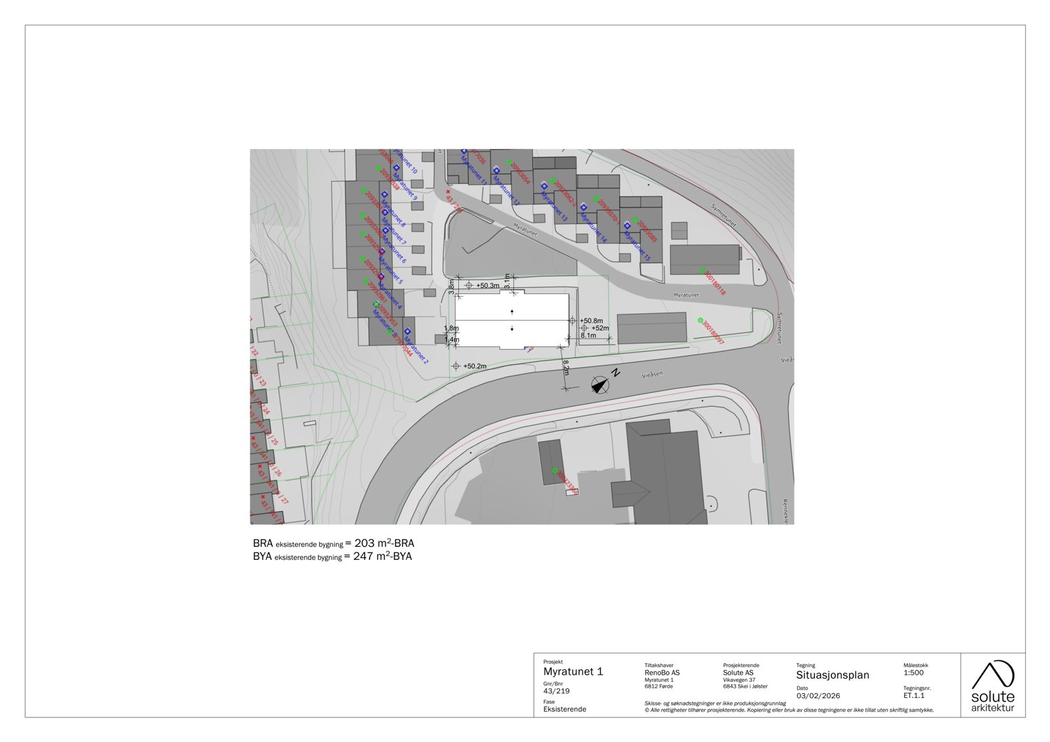Situasjonsplan som viser tomtens beliggenhet, nabolag, veier og høydekurver.
