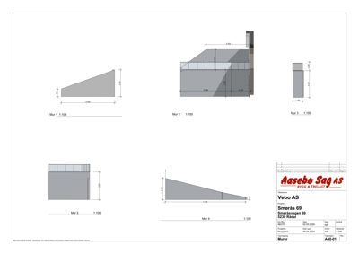 Tegning som viser detaljerte oppriss av ulike murer (Mur 1 til Mur 5) med mål og skråninger.