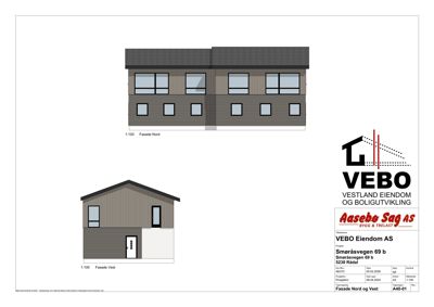 Fasadetegning som viser bygningens utseende sett fra nord og vest.