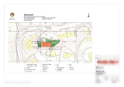 Basiskart (situasjonsplan) som viser tomtens form, høydemålerlinjer, naboeiendommer og bygningers plassering.