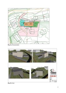 Bildet viser en situasjonsplan (Fig. 2a) med topografi, nabobebyggelse og tomtedefinisjon, samt en snittegning (Fig. 2b) som viser bygningens volum og relasjon til terrenget.