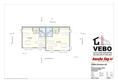 Etasjeplan (Plan 2) som viser romfordeling, arealer og orientering for en bolig.