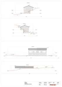 Bildet viser fire fasadetegninger (opp- og tverrsnitt) for en bygning med terrengforhold, inkludert høydeangivelser og situasjonslinjer.