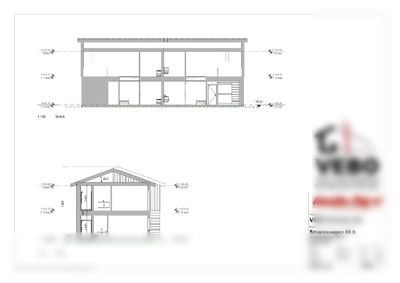 Snittegning (Snitt A og B) som viser bygningens tverrsnitt, høyder, etasjer og takform.
