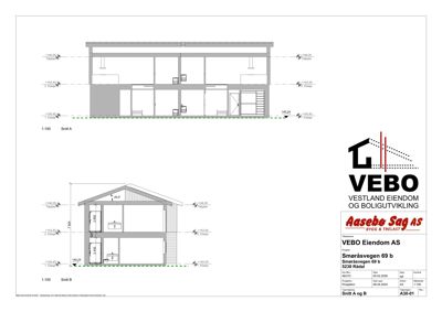 Snittegning (Snitt A og B) som viser bygningens tverrsnitt, høyder, etasjer og takform.