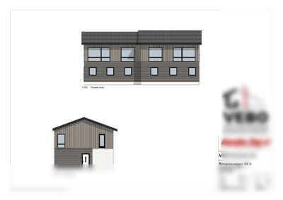 Fasadetegning som viser bygningens utseende sett fra nord og vest.