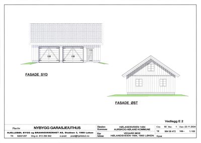 Tegning som viser fasadeoppsettet for en garasjeuthus, med visning av FASADE SYD og FASADE ØST.