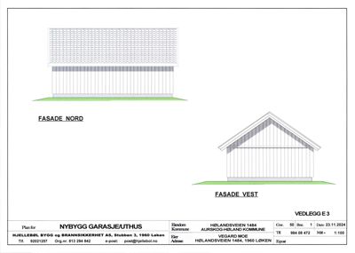 Tegning som viser fasadeopprikk for en garasje/uthus, med utsnitt av Nord- og Vestfasade.