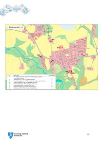 Kart over Delområde 35 med bygningsplasseringer, vegnett og en liste over eiendommer.