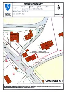 Situasjonskart som viser eiendomsgranser, naboeiendommer, veier og en planlagt garasjeoppføring.