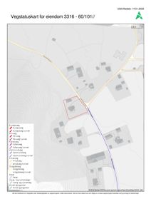 Vegstatuskart som viser eiendomsnummer 3316 - 60/101// med omgivende veier, topografi og naboeiendommer.