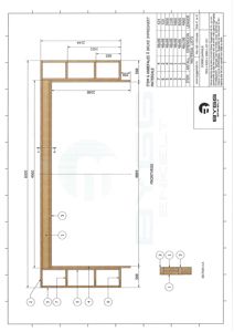 Tegning som viser detaljert oppriss av en frontvegg (FRONTVEGG) med mål, materialbeskrivelse og en snittvisning (SECTION A-A).