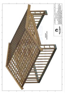 3D-visualisering av et takkonstruksjon (sannsynligvis et dobbelttak) med tydelig visning av taklister, takplater og takramme.