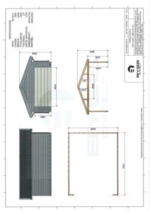 Fasadetegning som viser bygningens utseende fra tre ulike vinkler (front, side og takperspektiv) med mål og spesifikasjoner.