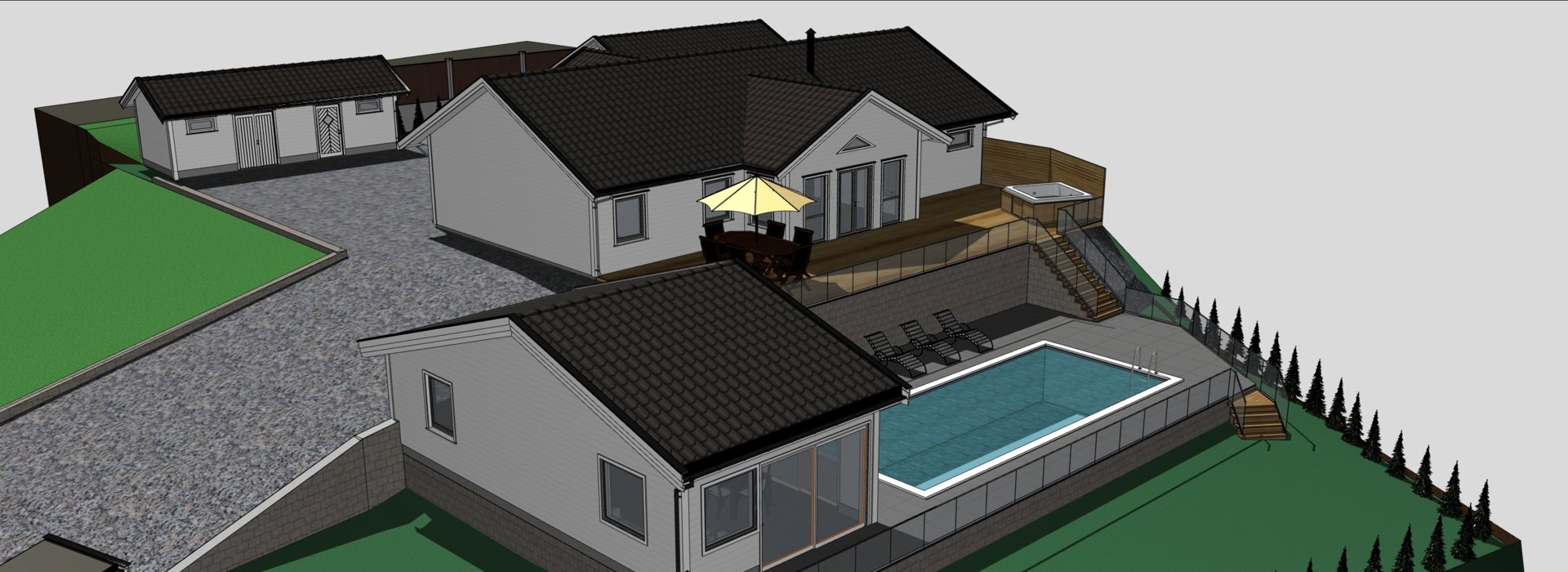 3D-visualisering av en bolig med tilhørende utemiljø, svømmebasseng og garasje.