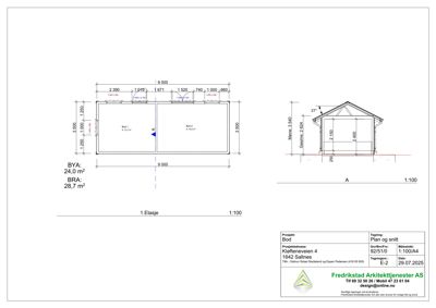 Etasjeplan (1. Etasje) med romfordeling, mål og arealoppsummering (BYA/BRA), samt en tilhørende snittegning (A-A) som viser fasade og takform.