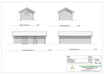 Fasadetegning som viser fire utsnitt av en bygning (Sørvest, Nordøst, Nordvest og Sørøst) med mål 1:100.