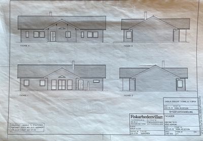 Fasadetegning som viser fire ulike vinkler (Fasade A, B, C og D) på en villa.