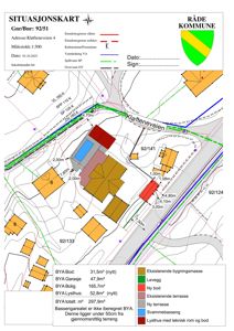 Situasjonskart som viser tomtens beliggenhet, naboeiendommer, vegforhold, eksisterende og planlagt bygningsmasse samt vann- og avløpsledninger.