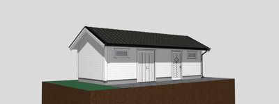 3D-visualisering av en liten bygning (garasje eller uthus) sett fra siden.