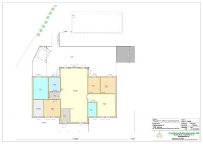 Etasjeplan for 1. etasje som viser romfordeling, dører, vinduer og arealer.