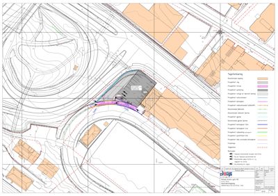 Situasjonsplan som viser tomtens form, eksisterende og prosjektert vegnett, samt plassering av nybygg i forhold til omgivelsene.