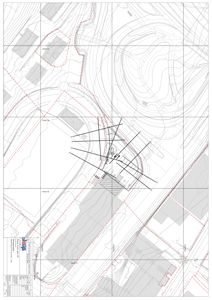 Situasjonsplan som viser topografi (konturlinjer), eiendomsgrenser (røde streker), eksisterende og planlagt bebyggelse samt gater.