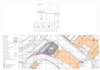 Situasjonsplan med topografi, eksisterende og prosjektert vei, samt bygningers plassering og grunnflater.