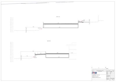 Snittegning (Snitt A-A og B-B) som viser bygningens høydeprofil, grunnplan og nivåer i forhold til terrenget.