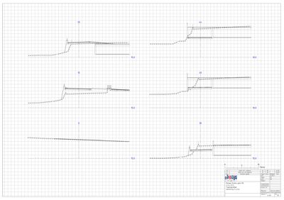 Tegning som viser et tverrsnitt gjennom en konstruksjon (sannsynligvis et trappeløp eller en rampe) med angitte høyder og nivåer.