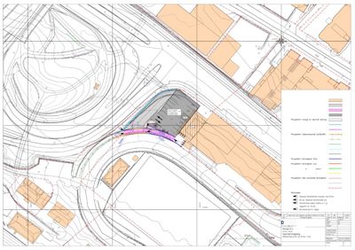 Situasjonsplan som viser tomtens form, eksisterende og prosjektert vegnett, samt plassering av nybygg i forhold til omgivelsene.