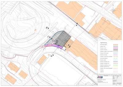 Situasjonsplan som viser tomt, eksisterende og prosjektert bebyggelse, vegnett og terrengforhold.
