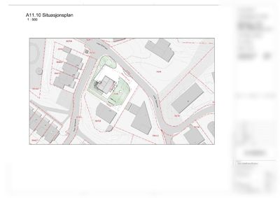 Situasjonsplan som viser tomtens plassering i forhold til nabolag, veier og andre bygninger.