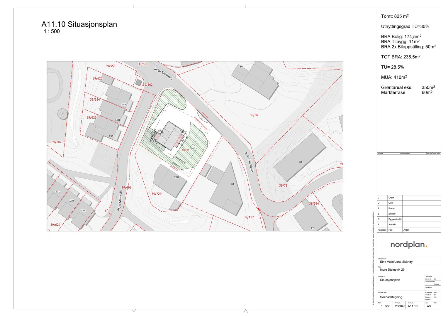 Situasjonsplan som viser tomtens plassering i forhold til nabolag, veier og andre bygninger.
