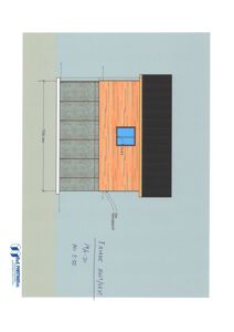 Fasadetegning som viser oppriss av en bygning sett fra øst (AUST), med angivelse av materialer (trepanel, betong, tak) og et vindu.