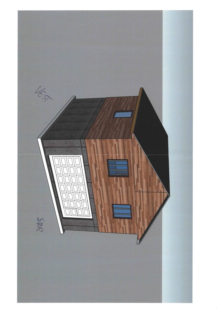 3D-visualisering av en bygning sett fra vest og sør, med tydelig visning av fasadematerialer (trepanel, betong) og vinduer.