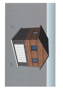 3D-visualisering av en bygning sett fra vest og sør, med tydelig visning av fasadematerialer (trepanel, betong) og vinduer.