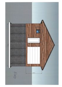 Fasadetegning som viser utsiden av en bygning sett fra nord, med angitte mål og materialer.